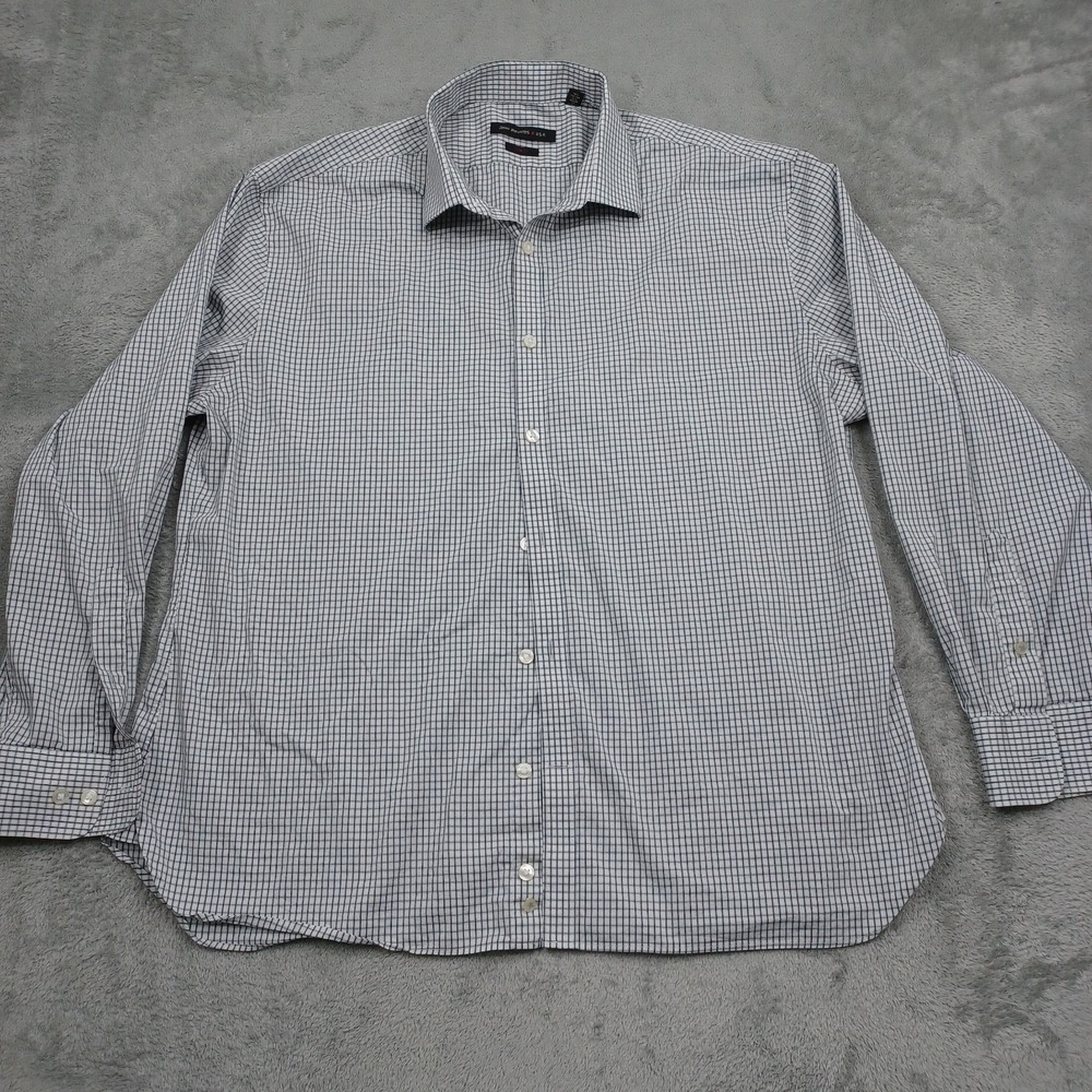 John Varvatos Shirt Mens 17 Gray Checked Button Up Long Sleeve Preppy Logo